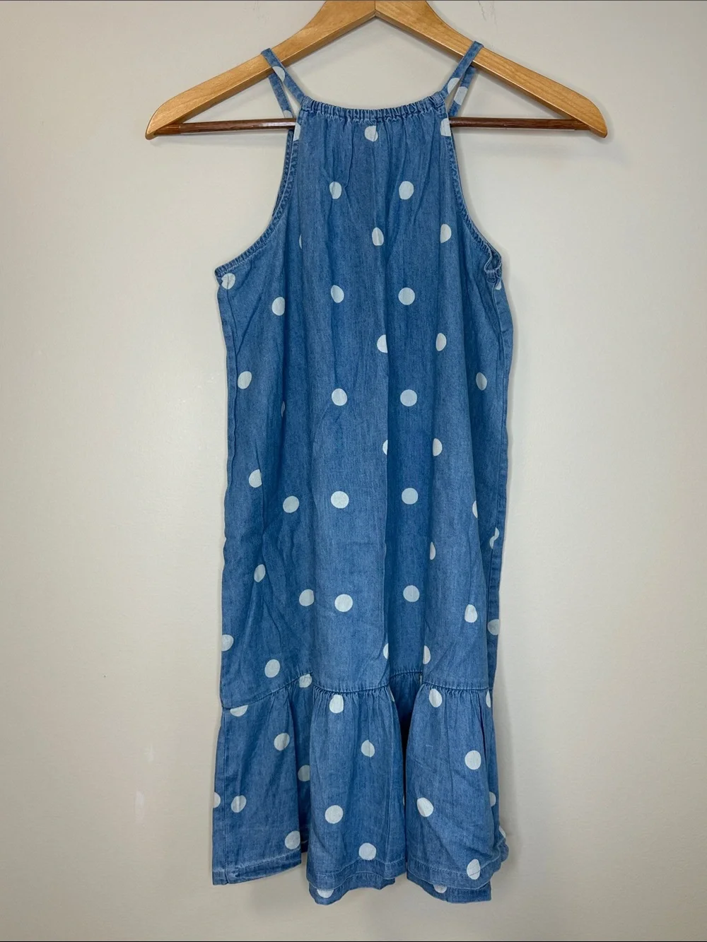 Old Navy Blue White Dot Halter Denim Dress Girls 10-12